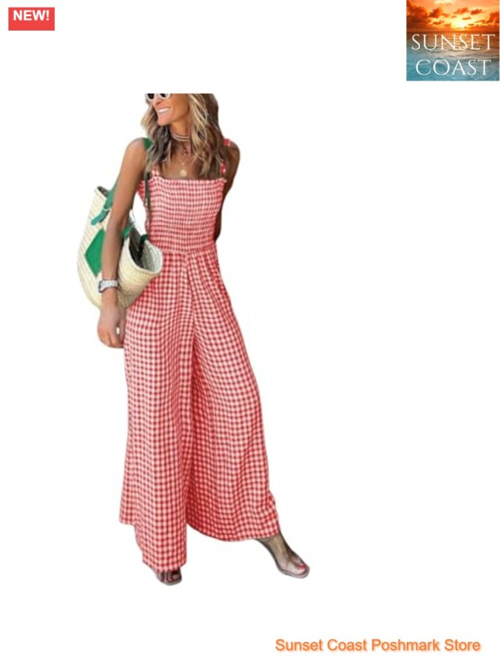 Women's Casual Plaid Gingham Wide Leg Jumpsuit Spaghetti Straps Smocked Romper